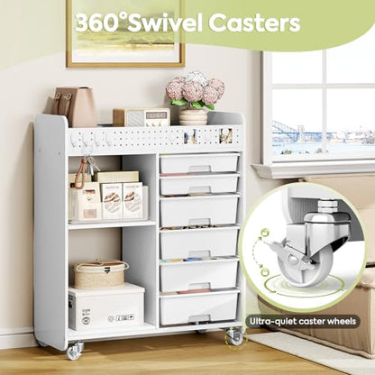 Rolling Craft Cart with 6 Drawers, Pegboard and Locking Wheels White - color: White
