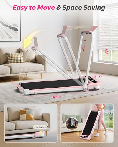 Cardirun Walking Pad with Incline and Stable Handle Bar, Foldable Treadmill | 350+ lbs Capacity, 3.0HP Quiet Under Desk Treadmills for Home, Portable Treadmill with APP, Remote Control and LED Display - color: PINK