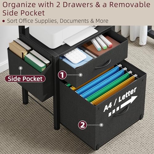 HIGDBFE File Cabinet with 2 Fabric Drawers & Dual Shelves, Black | 2-Tier Printer Storage, Letter File Drawer, Reversible Side Bag, Smooth Drawer Slides, Rolling Support Board Prevent Collapse - color: Black