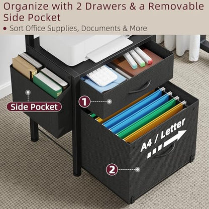 HIGDBFE File Cabinet with 2 Fabric Drawers & Dual Shelves, Black | 2-Tier Printer Storage, Letter File Drawer, Reversible Side Bag, Smooth Drawer Slides, Rolling Support Board Prevent Collapse - color: Black