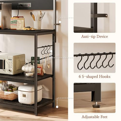 SUPERJARE Bakers Rack with Power Outlets, Microwave Stand, 39.4 X 14.3 Inch Larger Desktop, Kitchen Storage Rack with Adjustable Middle Shelf, 6 S-Shaped Hooks, Coffee Bar Stand, Black - color: Black, size: 39.4inch