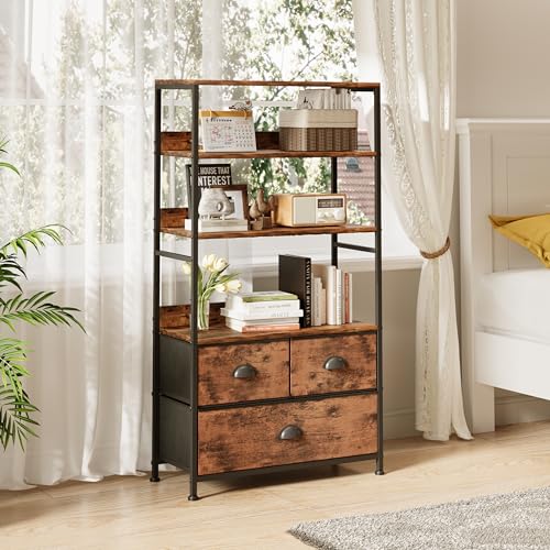 6 Tier Bookshelf, 47-Inch Small Bookcase with 3 Fabric Storage Drawers, Wood and Metal Book Shelf Storage Organizer, Industrial Display Standing Shelf Unit for Bedroom, Living Room, Rustic Brown - color: Rustic Brown