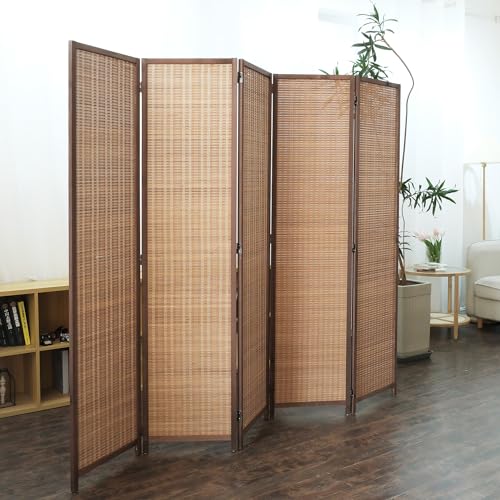 Furnnylane 5 Panel Bamboo Room Divider - 5.6 ft Tall Folding Privacy Screen for Room Separation, Natural Brown Freestanding Partition Wall for Home Office (67" H x 76.75" W) - color: Brown, size: 5 Panel