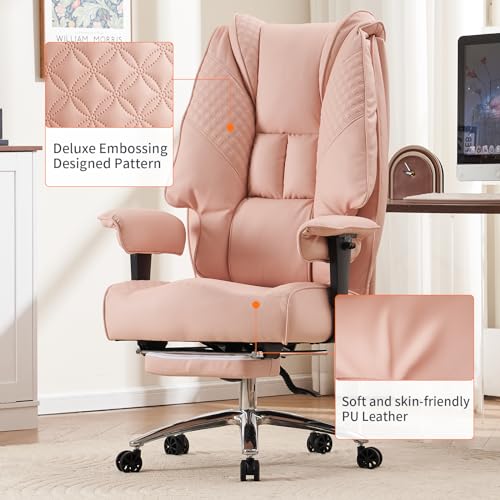 EXCEBET Big and Tall Office Chair 400lbs Wide Seat, Leather High Back Executive Office Chair with Foot Rest, Ergonomic Chairs Lumbar Support for Lower Back Pain Relief (Light Pink) - color: Light Pink