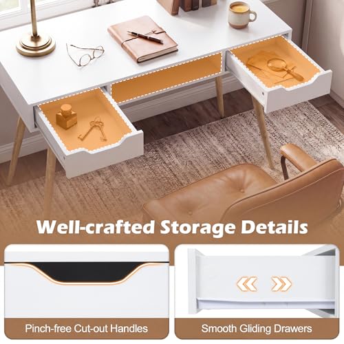 Tangkula Mid Century Modern Desk Simple Computer Desk | White Writing Desk Vanity Table w/2 Drawers & Open Center Storage, Small Wooden Study Table for Home Office & Compact Spaces - color: White