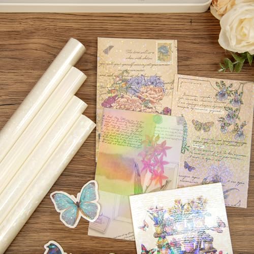 Briartw Holographic Precoated Laminating Film Roll, 4 Iridescent Patterns (Glitter, Stars, Dots & Plain),22x500cm (8.66x196.85 In), BOPP Thermal Film, Clear Waterproof Scratch-Resistant for DIY Crafts - color: 4-piece Set