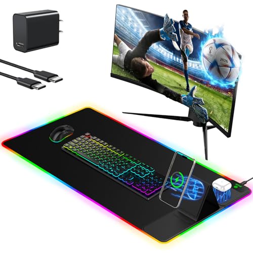 Mouse Pad with Foldable Phone Holder & Wireless Charger, XXL RGB Gaming Mousepad 31.5"x15.8" Large Desk Mat for Keyboard, Black Desk Pad with Dual Qi Charging Station | 11 Colors 5 Modes | Waterproof - color: 31.5x15.75"Phone Stand-Black Right w/PD Upgrad