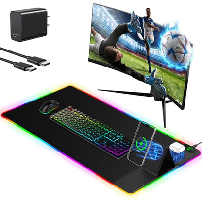 Mouse Pad with Foldable Phone Holder & Wireless Charger, XXL RGB Gaming Mousepad 31.5"x15.8" Large Desk Mat for Keyboard, Black Desk Pad with Dual Qi Charging Station | 11 Colors 5 Modes | Waterproof - color: 31.5x15.75"Phone Stand-Black Right w/PD Upgrad