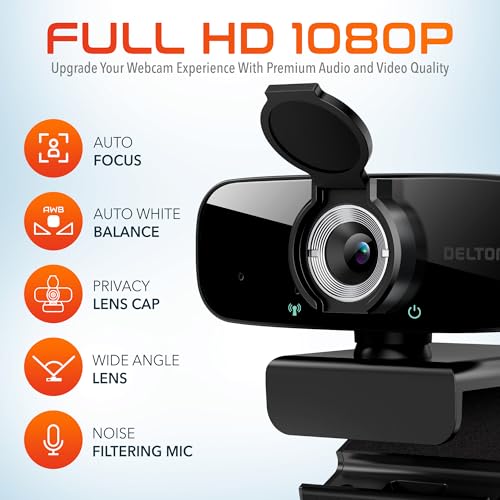 Delton C24 USB Webcam with Microphone, HD 1080p Wired Webcam, 2 Megapixels, Wide Field of View, Auto Focus, Noise Canceling Mic, USB Computer Camera Compatible with Computer/Laptop/iMac - Black