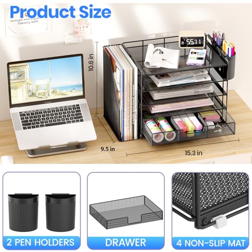 OPNICE Desk Organizer, 5-Tier Desktop File Organizer with Drawer and Pen Holders, Office Desk Accessories, File Sorters, Workspace Organizers for Office Supplies(Black) - color: Black, size: 5T