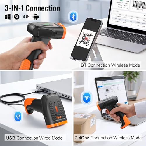 Tera Barcode Scanner Wireless Handheld: 1D 2D QR Li-Polymer 2200mAh, D5300 | 640*480 Global CMOS, BT 2.4G Wireless, USB Wired, Date & Time, Prefix Suffix, Retail Warehouse Library School Office, Orange