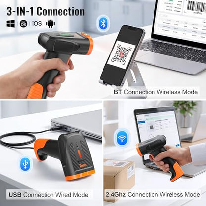 Tera Barcode Scanner Wireless Handheld: 1D 2D QR Li-Polymer 2200mAh, D5300 | 640*480 Global CMOS, BT 2.4G Wireless, USB Wired, Date & Time, Prefix Suffix, Retail Warehouse Library School Office, Orange