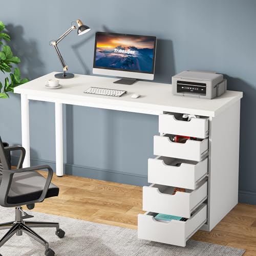 Tribesigns Computer Desk with 5 Drawers, 47 inches Rustic Brown Home Office Desk with Storage, Modern Simple Laptop Desk Study Writing Table for Small Spaces (1, White) - color: White