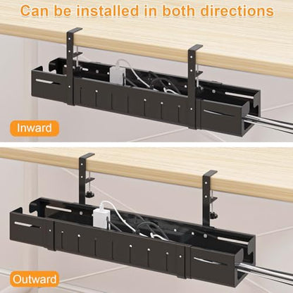 REALINN Under Desk Cable Management Tray Black | Expandable 25.27"-38.66", Sturdy Steel Desk Cord Hider Raceway for Office/Home