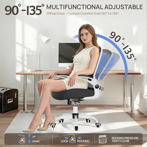 Mimoglad Ergonomic Office Chair - Desk Chair with Flip-up Armrests & 135° Recline, Adjustable Lumbar Support - Space-Saving Task Chair for Business/Team Office & Home (White Frame-Black, 300lbs) - color: White Frame-black