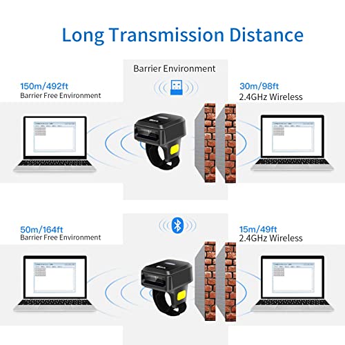 2D Wireless Ring Barcode Scanner,Portable Bluetooth Wearable Finger 1D 2D Mini Bar Code Reader Scanner Suppot Screen Scanning with Bluetooth & 2.4GHz Wireless & Wired Connection Scanner
