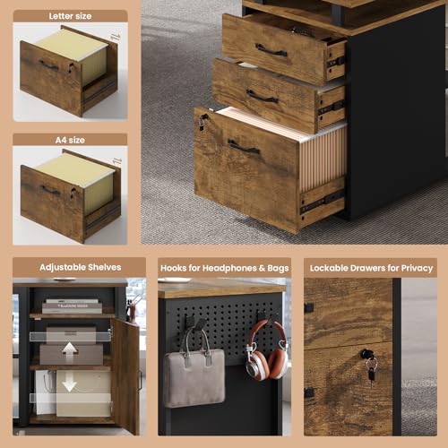 78" Executive Desk with Lockable File Cabinet, L Shaped Office Desk with Power Outlets, Large Executive Desk with Drawers and Storage Shelves, Reversible Computer Desk, Rustic Brown - color: Rustic Brown