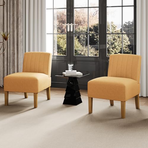 VIRRMO Armless Accent Chairs Set of 2 for Living Room, Modern Slipper Chair Living Room Chairs with Solid Wood Legs,Makeup Vanity Chair Fabric Comfy Upholstered Arm Chairs Accent Chairs,Yellow - color: Yellow