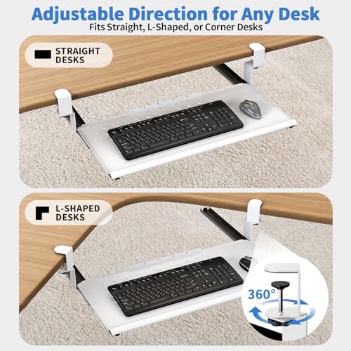 Keyboard Tray Under Desk - Full Metal Slide Out Holder, Rust-Resistant & Scratch-Proof, Double C-Clamps, 26x13" Tray for L Shape/Regular Desks, Standing/Sitting Workstation(White-A) - color: White