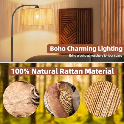 Boho Standing Lamp with Dimmable Bulb Nartual Rattan Adjustable Lampshade | Stepless Dimmable Bulb, Black Modern Farmhouse Rattan Floor Lamp for Living Room, Bedroom, Office, Classroom - style: Rustic-Black