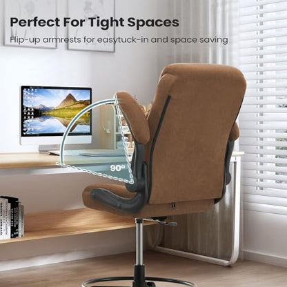 MAHOMICO Drafting Chair for Standing Desk – Tall Office Chair with Adjustable Height & Foot Ring, Flip-Up Arms, Lumbar Support – Comfortable Fabric Seat, Ideal Home Desk Chair - color: Brown