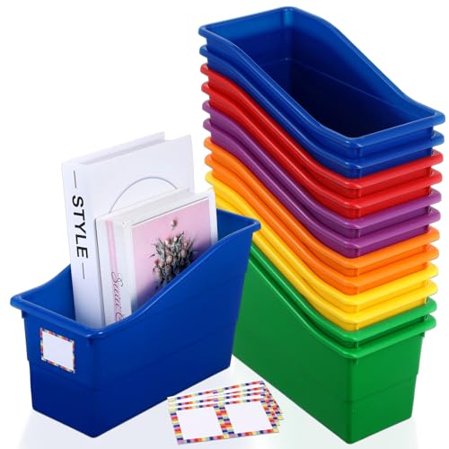 gisgfim 12 Pack Large Book Bins with Labels (Rainbow) | Durable Plastic,Stackable Magazine Organizer,Storage Bins for Classroom,Library,Office,Bookshelf Categorization - color: Rainbow