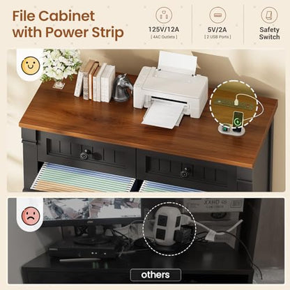 SEDETA 4 Drawers File Cabinet, 33" Farmhouse Filing Cabinets for Home Office fit Legal/Letter/A4 File, Wood Office File Cabinet with Power Outlets, Printer Stand with Storage, Black+Brown - color: Black+brown
