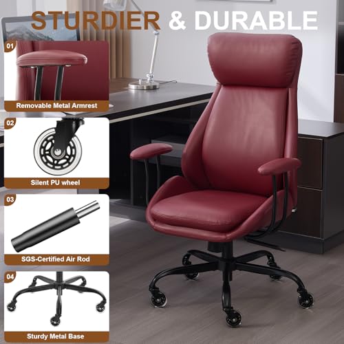 Leather Executive Office Chair, Computer Desk Chair, Red | Ergonomic, Rubber Wheels, Lumbar Support, 360° Swivel, High Back, Adjustable Height, for Modern Home Office - color: Crimson Red