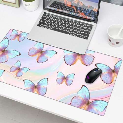 Butterfly Desk Pad Protector, Stitched Edges Mouse Pad, Large Office Mat, Non-Slip Blotter, Laptop Pad, Writing Pad for Office and Home (31.5" x 15.7") - color: A02-dreamy Butterfly