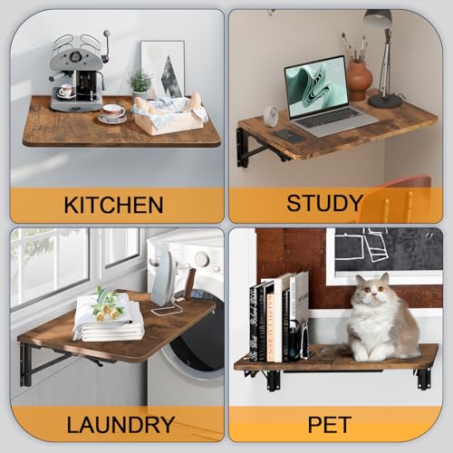 TEAMIX Wall Mounted Folding Table for Small Spaces, Rustic Floating Desk - color: Brown, size: 22"W x 15.7"D