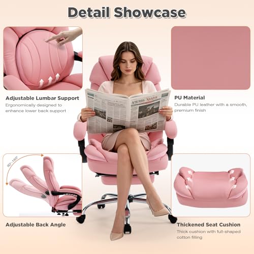 Wide Comfy Office Desk Chair for Women with Lumbar Support Pink | Big Tall Computer Gaming Chair, Adjustable Lumbar Back Support, Wide Seat, Heavy Duty, Wheels, Faux Leather - color: Bright Pink