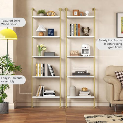 5-Tier Bookshelf,Solid Wood Narrow Bookcase Set of 2,Wall Mount Ladder Shelf,Wooden Storage Shelves for Bedroom,Home Office,Living Room,White and Gold - color: Solid Wood White+gold-2pcs