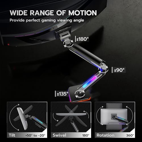 ARES WING Ultrawide Monitor arm with RGB for 17-49 Inch Screen, Black - color: Black