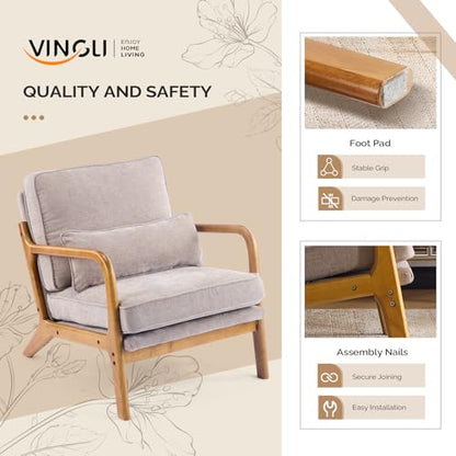 VINGLI Chenille Mid-Century Modern Accent Chair Set of 2, Cute Reading Arm Chair with Cushion & Lumbar Pillow & Solid Wood Frame for Lounge, Living Room, Reading Room, Bedroom, Light Khaki - color: Light Khaki