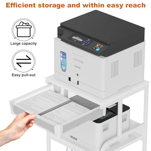 Large Printer Stand with Drawer, 3-Tier Industrial Rolling Cart | 5 Adjustable Shelves, Mobile Printer Table for Desk & Home Office, Fits 3D Printer, Scanner and Fax Machine White - color: White, size: Large(19.7"L X 15.7"W X 32.2"H)