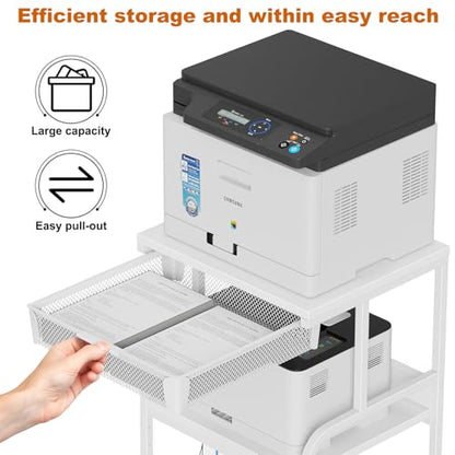 Large Printer Stand with Drawer, 3-Tier Industrial Rolling Cart | 5 Adjustable Shelves, Mobile Printer Table for Desk & Home Office, Fits 3D Printer, Scanner and Fax Machine White - color: White, size: Large(19.7"L X 15.7"W X 32.2"H)