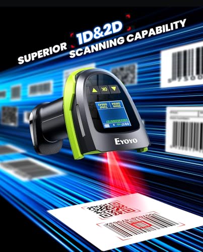 Eyoyo Handheld 1D 2D QR Bluetooth Wireless Barcode Scanner with Screen | 1.44" LCD, Wall-Mount Locking Charging Cradle, 2900mAh Removable Battery, USB Wired UPC Bar Code Reader for Warehouse POS