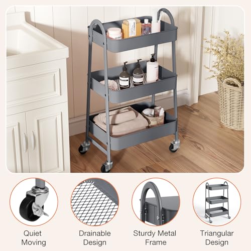 NEWBULIG 3-Tier Metal Rolling Storage Utility Cart with Lockable Wheels - color: Gray, size: 3 Tier