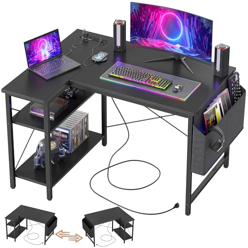 TIQLAB Gaming Desk with Power Outlets - 40 inch L Shaped Computer Desk, Reversible Design Small Corner Desk, Bookshelf Workstation for Work Study Play Home Office, Black - color: Black, size: 40 Inch