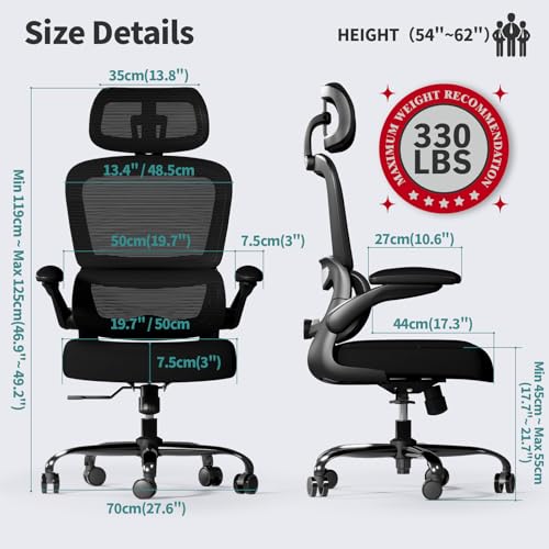 TRALT Office Chair Ergonomic Desk Chair - Gaming Chair with Lumbar Support | 330 LBS Home Office Desk Chairs with Headrest, Reading Chair with Flip-up Armrests, Comfortable Computer Chairs (1, Black) - color: Black