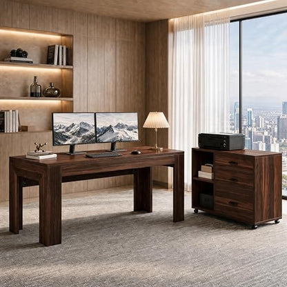 Tribesigns L Shaped Executive Desk with Drawers,Walnut | Large Office Desk with Rolling File Cabinet Combo,Home Office Computer Desk,Wooden Desk with Long Front Baffle - color: Walnut