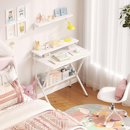 COTUBLR Small Desk, 27.5 Inch Small Computer Desk for Small Spaces, Computer Desk with Adjustable Monitor Stand, Compact Desk with Storage, Tiny Desk Study Desk for Bedroom Home Office, White - color: White