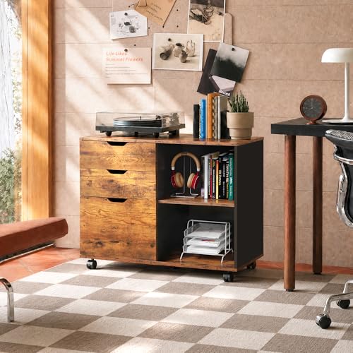DEVAISE 3 Drawer Wood File Cabinet, Rolling Filing Cabinet with Open Storage Shelf, Printer Stand for Home Office Storage and Organization, Fits Letter/A4 Files (Rustic Brown, Recessed Pull) - color: Rustic Brown 1