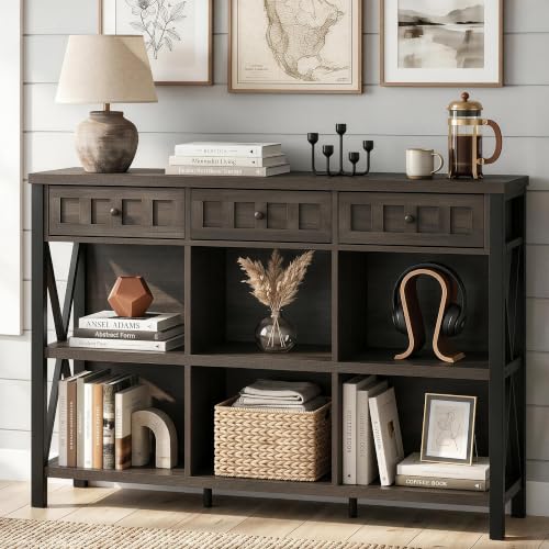 FATORRI Rustic 6 Cube Storage Organizer Bookshelf with 3 Drawers, Short Low Horizontal Bookshelf for Living Room, Industrial Wood and Metal Cubby Bookcase for Home Office (Walnut Brown, 47 Inch) - color: Walnut Brown, size: With Drawer