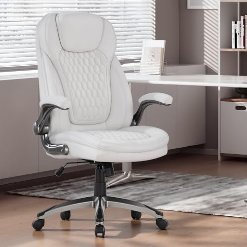 COLAMY Office Chair Ergonomic Desk Chair-Executive Office Chair with Upgraded Caters, High Back Computer Chair Flip-up Arms, Strong Metal Base, Swivel Leather Chair for Work/Study, 300lbs, White - color: White, size: set of 1