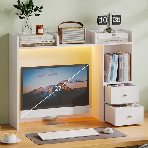ChooChoo Desktop Bookshelf with LED Lights and 4 Shelves | 36.6", 2 Drawers, Fits 27" Monitor, Desk Organizer Shelf, Dorm Office Home, White - color: White, size: 4 Shelves with Led