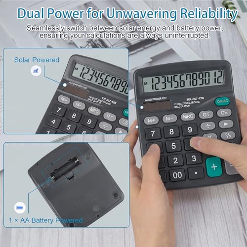 Marte Vanci 12-Digit Desk Calculator with Solar & Battery Power - color: Black