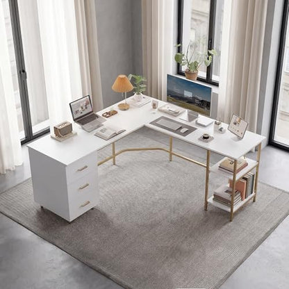 Techni Mobili 59" Two-Tone L‑Shaped Office Desk with Storage Shelves, Gold - color: Gold