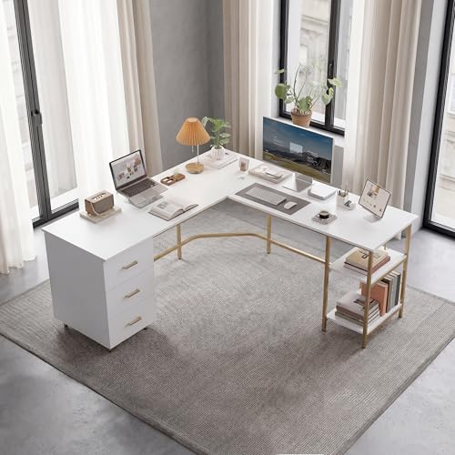 Techni Mobili 59" Two-Tone L‑Shaped Office Desk with Storage Shelves, Gold - color: Gold