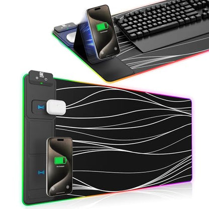 XXL Mouse Pad with Phone Holder - Black, RGB Desk Mat with 15W Fast Charging, LED Gaming Mousepad with 11 Light Colors, Waterproof Non-Slip Pad for Office & Home (Wave) - color: Wave